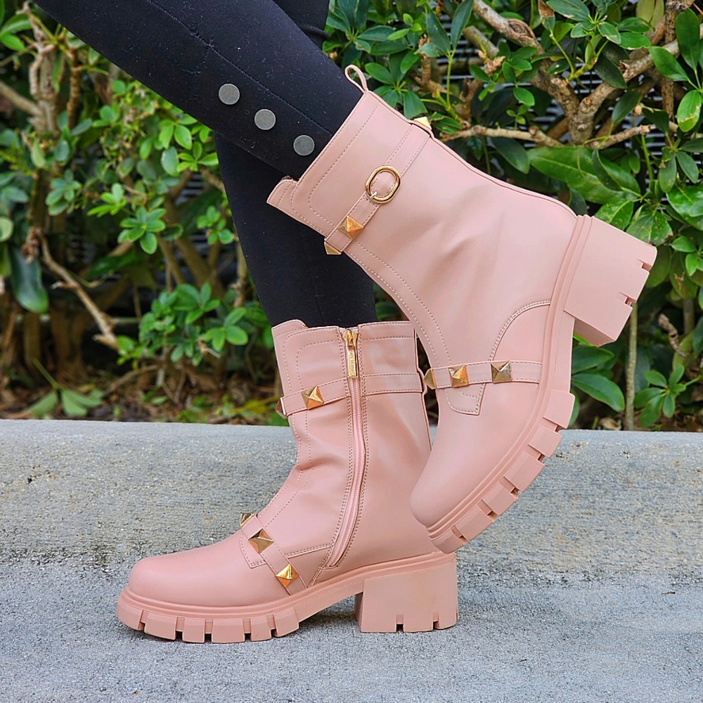 Nude Women's Pyramid Stud Combat Ankle Boots Round Closed Toe